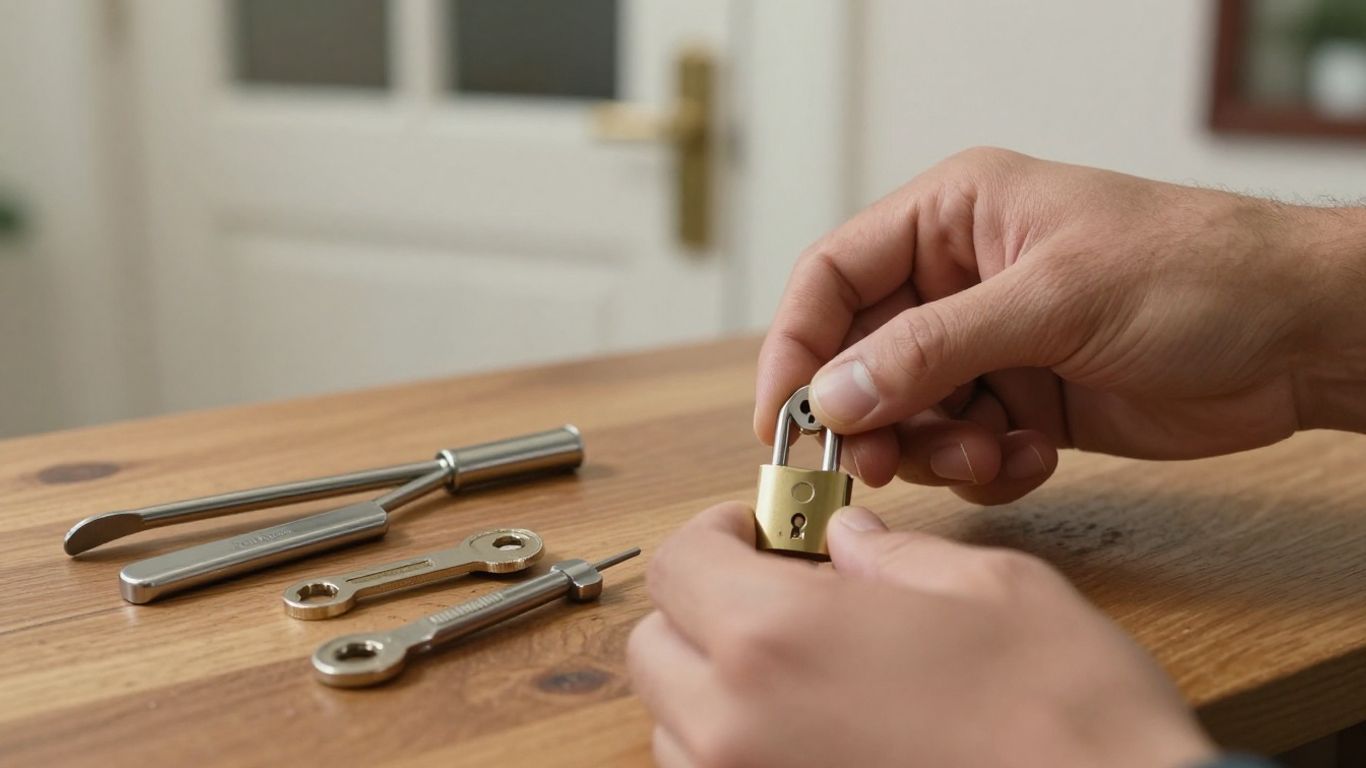 Locksmith picking a lock on a door.